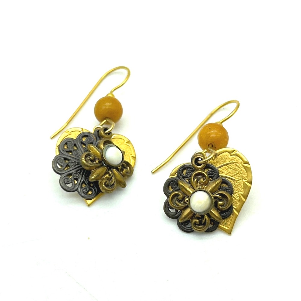 Vintage Mixed Metal Heart Leaf Filigree Dangle Earrings Gold Bronze White Bead
